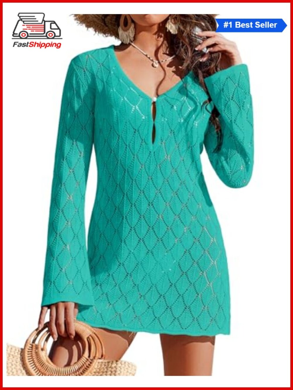 ✨Ekouaer Crochet Beach Coverup Hollow Out Long Sleeve Swim Cover Up